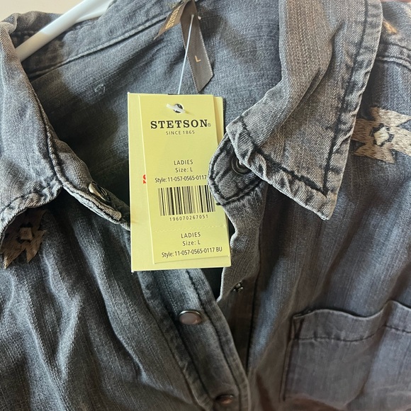 NWT Stetson EMBROIDERED SNAP FRONT SHIRT DRESS Gray Tan Brown Size Large Western - Picture 6 of 9